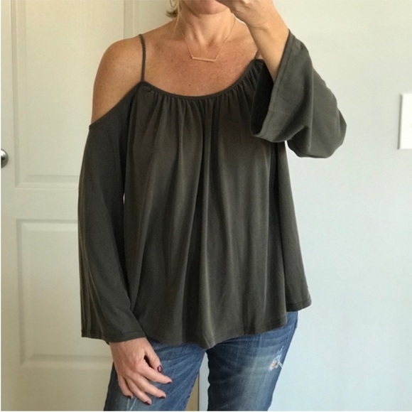 Olive Green Bell Sleeve Cold Shoulder Top - Picture 4 of 5